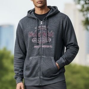 Hard Rock Hollywood, Fl  Hoodie Sweatshirt Mens Large  Gray Full Zip Distressed